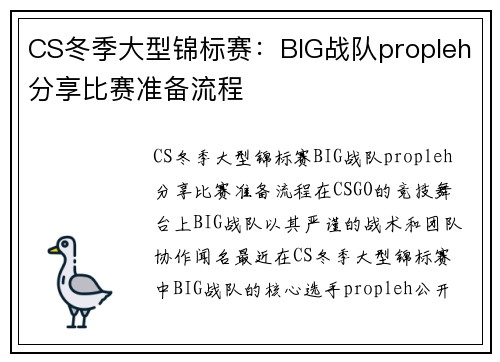 CS冬季大型锦标赛：BIG战队propleh分享比赛准备流程