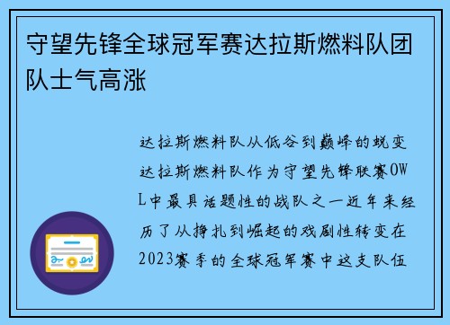 守望先锋全球冠军赛达拉斯燃料队团队士气高涨